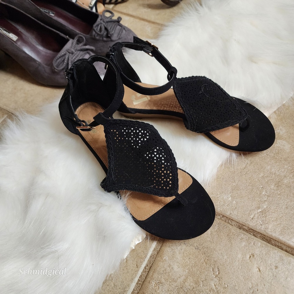 Report Plum Black Laser‎ Cut Wedge Sandals Ankle Strap Back Zip Womens 6